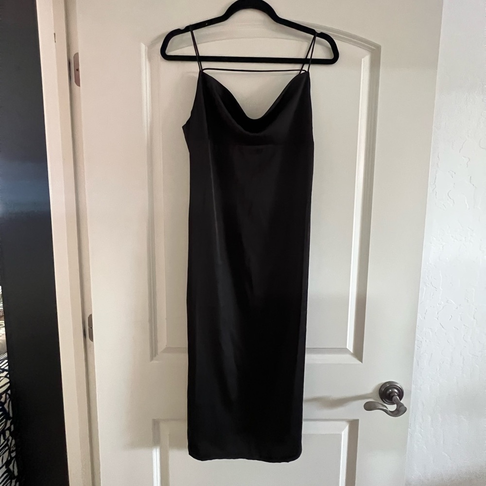 NWT Black Satin Cowl Neck Midi Dress